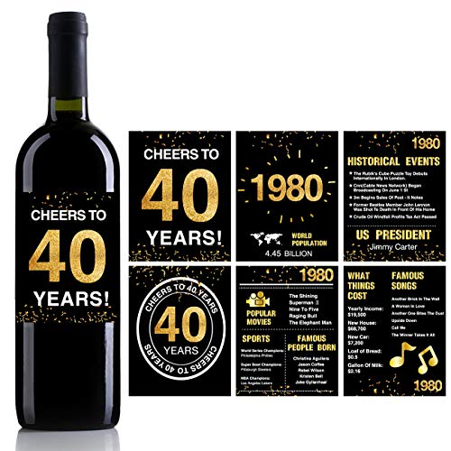 40th-Birthday-Anniversary-Wine-Bottle-Labels-or-Stickers-Present-40th-Anniversary-Decorations-Funny-Forty-Black-Gold-Party-Decoration-Centerpiece-Supplies-Set-of-12