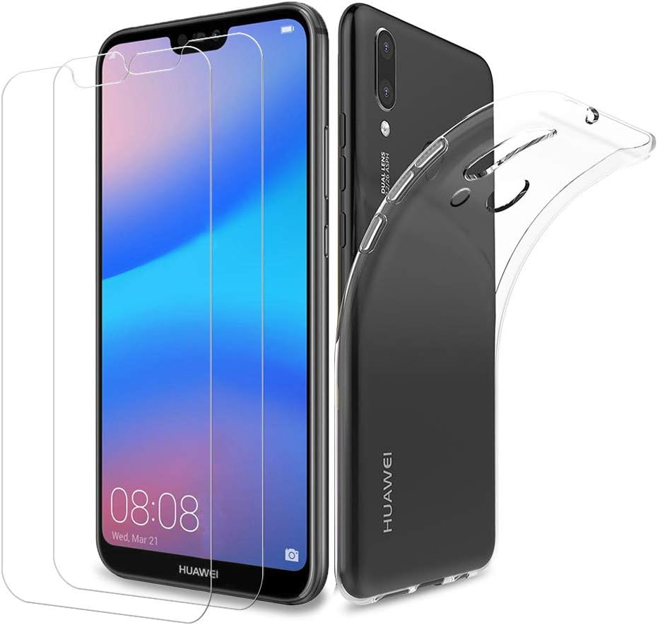 [3 in 1] JBAO Direct compatible with Huawei P20 Lite Case, [TPU Material][99% Transparency] with [2-Pack]Tempered Glass Screen Protector 9H Hardness[Scratch Resistant] [Ultra Thin] for Huawei P20 Lite