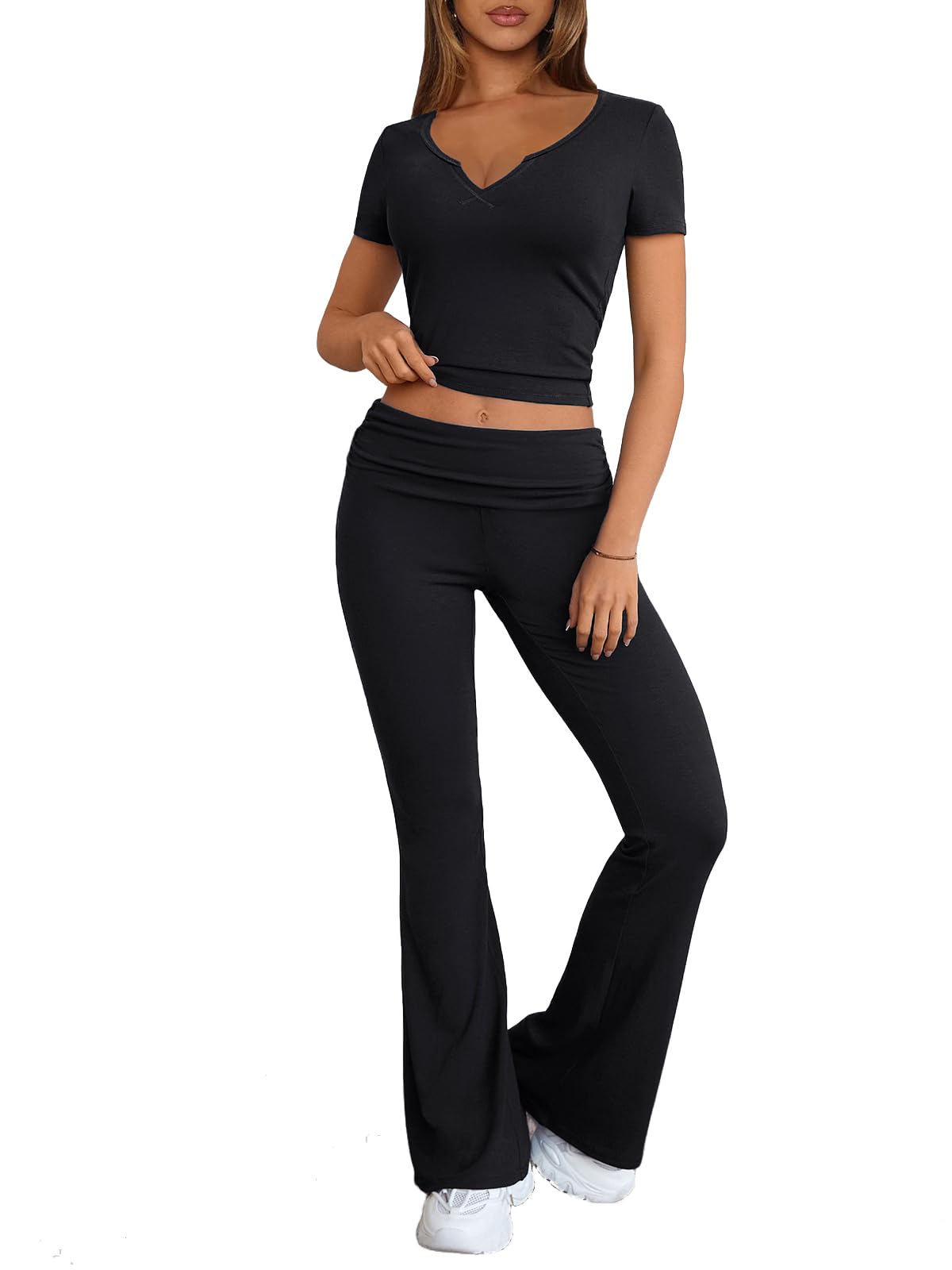 Photo 1 of **MISSING TOP** Bellelily Women's 2 Piece Sets Summer Casual Outfits V Neck Crop Top Short Sleeve Fold Over Yoga Flare Pants Comfy Lounge Set