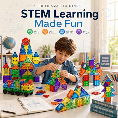 156PCS Magnetic Tiles STEM Building Toys Set with 2 Cars, Sensory Stacking Magnetic Blocks for Toddlers & Kids, Ideal for Preschool Montessori Toys Christmas Birthday Gifts for Boys & Girls Ages 3+
