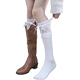 marrhorvk White Knee High Socks, Lace Ruffle Cute Sock Lolita Stockings Kawaii Lace Top Thin Socks for Girl Women