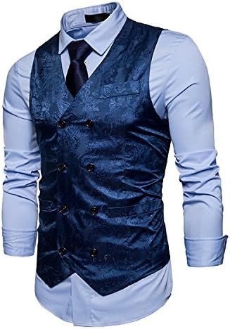 Men's Fashion Slim Fit Double Breasted Paisley Tuxedo Vest Business Waistcoat Navy Medium