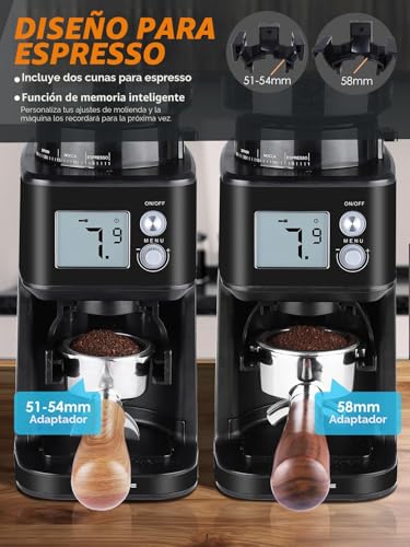 Homtone Electric Coffee Grinder with Conical Grinder - Coffee Mill with 51 Grinding Levels, Removable Holder, Container Included - For Espresso, Filter Coffee, Cold Brew (Nero)
