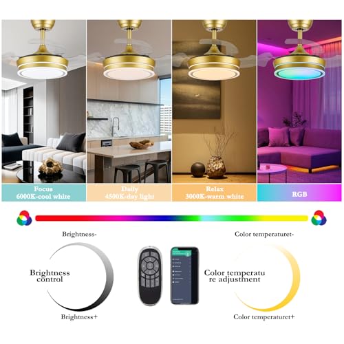 LumZeylith Ventilador de techo retráctil de 30 pulgadas con luz, RGB Modern Fandelier 6 velocidades, cuchillas reversibles, regulables, control remoto de aplicación, temporizador de memoria, dorado