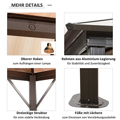 Outsunny Pavillon Gartenpavillon Partyzelt mit Seitenteilen PC Dach Alu Braun 3,45 x 2,8 x 2,6 m – Bild 6