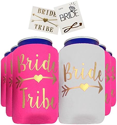 Bachelorette Party supplies -Gold Print Party Can Cooler/ Coolies Gifts ( 11 pack) + 34 Assorted SHINY Gold And Silver Flash BRIDE TRIBE Tattoos, Bridal Shower/Bridesmaid party Favors/ Ideas