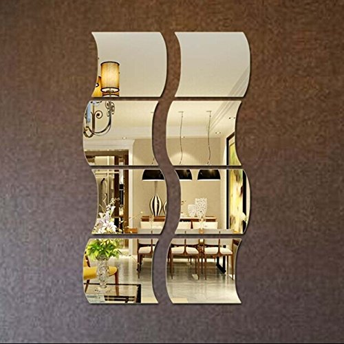 MEYA Wave Wall Mirror Sticker,3D Crystal Mirror Square Wall Decal& Murals For Living Room Bedroom Home Deco Size 25x25CM,4PCS/lot (Silver)