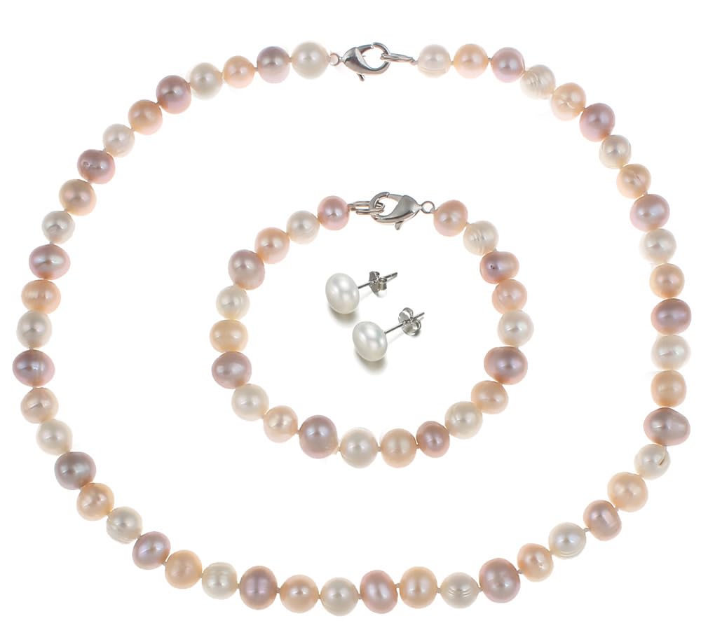Treasure Bay Women’s Multicolour Freshwater Pearl Necklace, Bracelet, and Earrings Set | Handmade 8-9mm Real Pearl Jewelry Gift Set