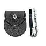 Authentic Black Leather Scottish Kilt Sporran & Belt Embossed and Embellishmed w/ Thistle