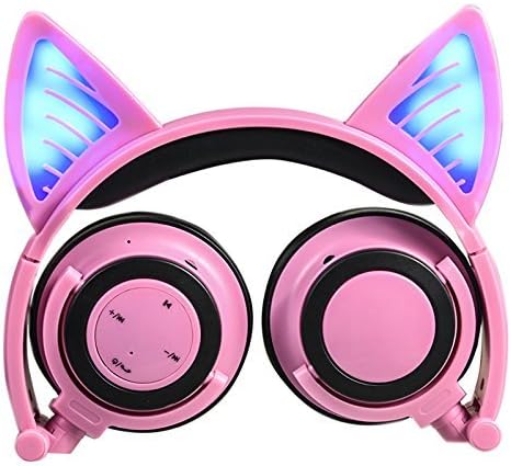 GOGOING Cat Ear Headphones, Bluetooth Headset with LED Flash Wireless / Wired Mode, Foldable Soft Over-Ear Built-in Mic Earphone fit iphone , Android Mobile Phone ,iPad,Laptops Ect(Pink)