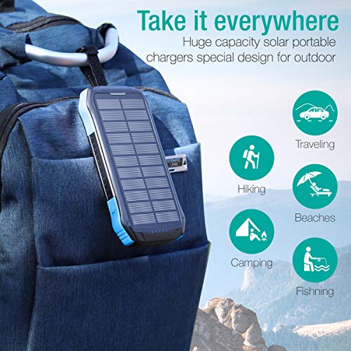 Power Bank, Soxono Solar Charger with Qi Wireless Charger and 2 USB Port Ultra Waterproof Portable Phone Charger 16000mAh External Battery Pack with 15 LEDs Flashlight for iPhone, iPad, Samsung