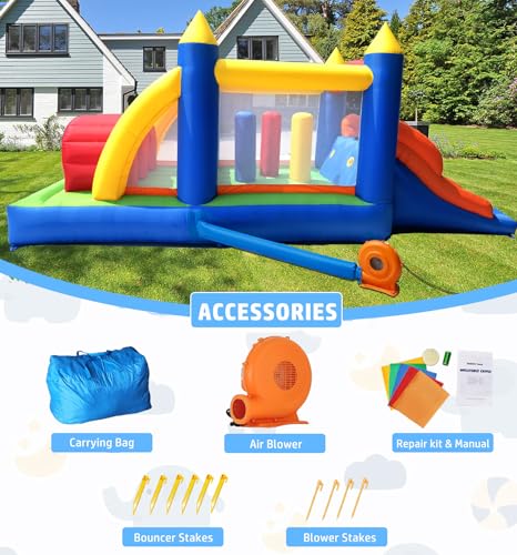 HuaKastro 16.3x7.2FT Kids Bouncy Castle Inflatable Obstacle Course with Dual Racing Slides, Crawl Tunnels, Climbing, Obstacles, Jumping All in One, Great for Children's Outdoor Party - with Blower