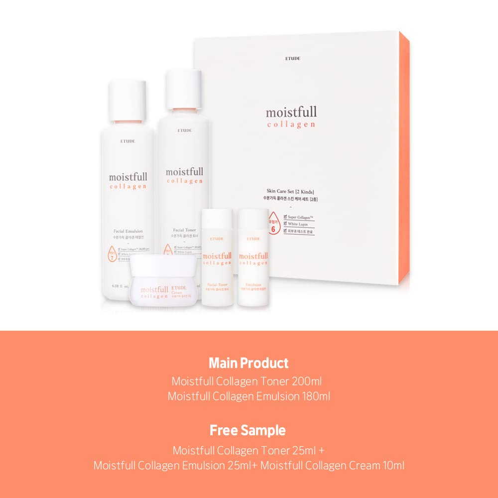 Etude Moistfull Collagen Skin Care Set, Perfect for Gift, Facial Emulsion and Toner, Face Moisturizer, Toner for Face, Super Collagen Water, Instant Moisture Recharge, Korean Skin Care, Beauty