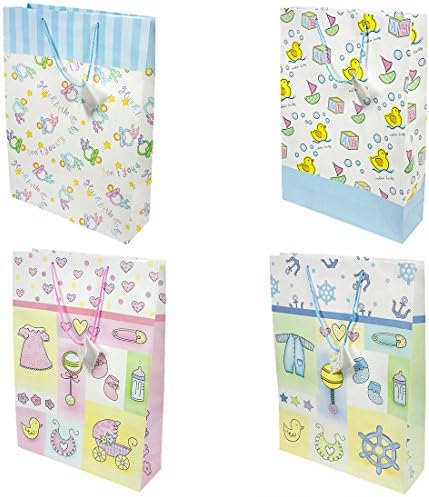 Jumbo Glossy Multi-Colored Baby Theme Design Gift Bags, Large, 4 Pack, 13" x 18" x 4"