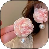 Pink Flower Earrings for Women Boho Big Fabric Chiffon Floral Drop Earrings Pink Rose Pearl Tassel Statement Ear Clip Handmade Charm Chic Petal Earrings Dainty Wedding Jewelry Gifts