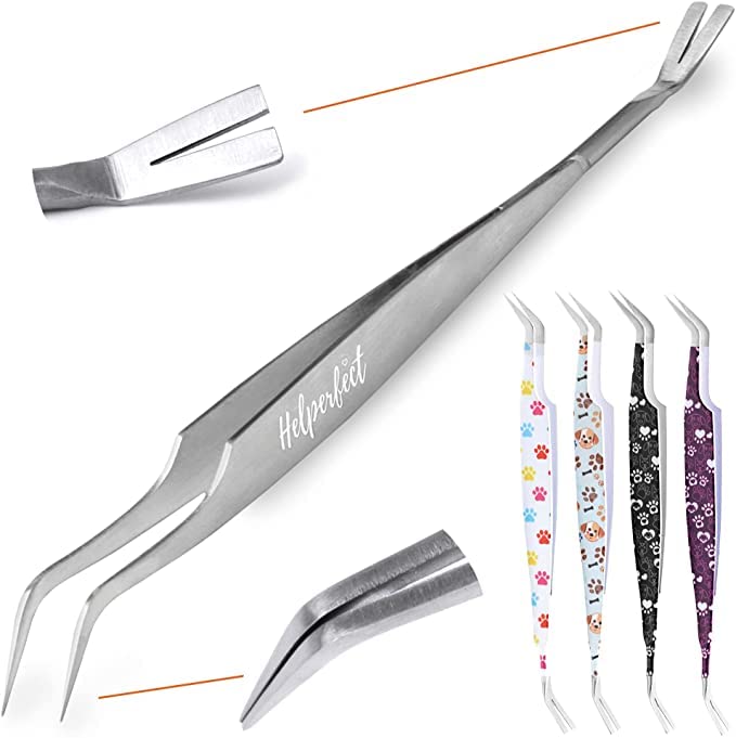 Helperfect® 2in1 Stainless Steel Tick Remover Tool - Professional Quality Tick Tweezers for Safe Tick Removal - Precision Tick Hook for Pets, Dogs, Cats, Thorns, Splinters, Ingrown Hair