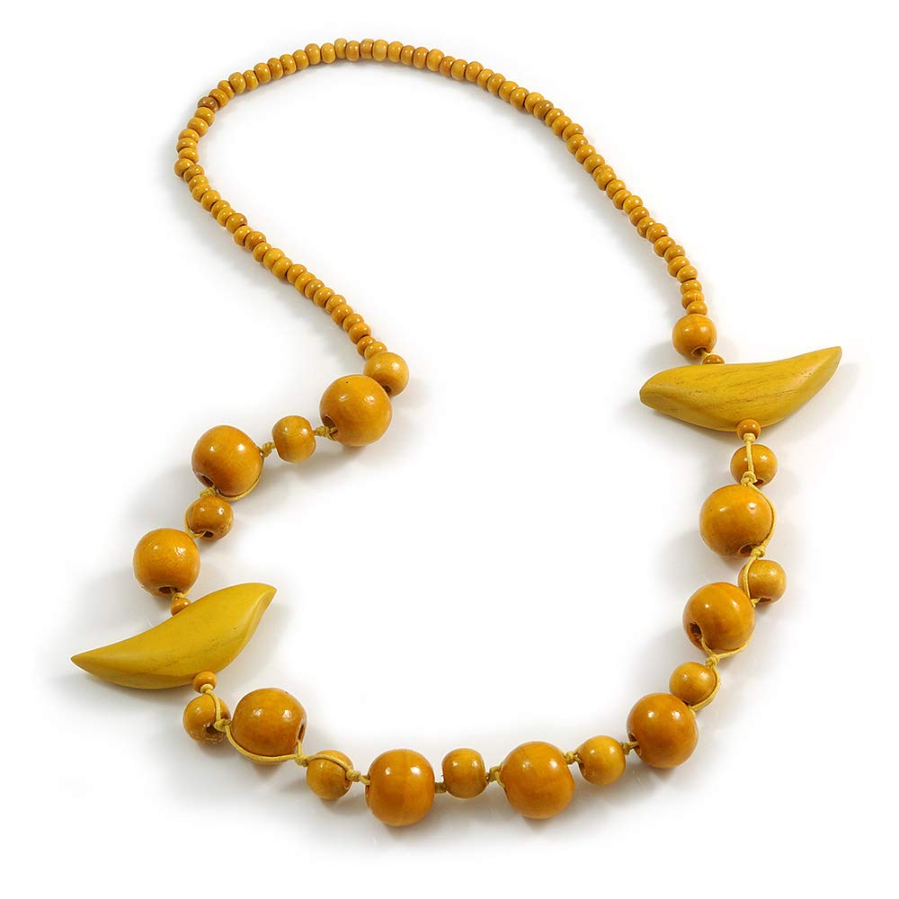 Avalaya Yellow Wood Bead Bird Long Necklace - 80cm Long