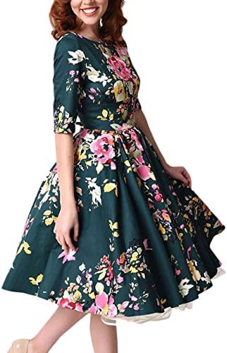 1950s Vintage Floral Half Sleeve Cocktail Party Swing Dress For Women Jasper XL