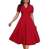 MarryUP Womens Short Puff Sleeve V Neck Casual Semi-Formal Cocktail Party A-Line Dress