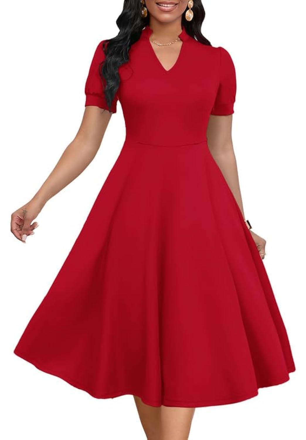 Photo 1 of MarryUP Women's Vintage Red Dress Puff Sleeve V Neck A-Line Dress Fit and Flare Church Wedding Guest Work Dresses Red M