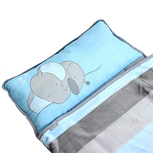Toddler Nap Mats for Preschool Kinder Daycare - Blanket + Pillow for Boys or Girls - Foldable Comfy Cover (Baby Elephant)