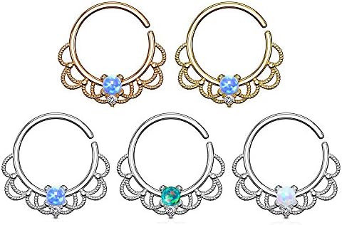 UNUStyle 5 Pcs Set 18kt Gold and Platinum Plated Opal Set Centered Filigree Bendable Hoop Rings for Nose Septum, Daith and Ear Cartilage (A: 5 Pcs Color Set 1)