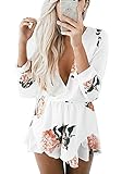 YOMISOY Womens Floral Printed Warp Rompers Sexy Deep V Neck Long Sleeve Short Jumpsuits Shorts