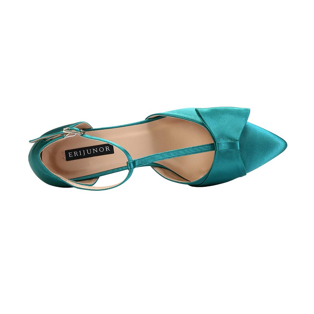 ERIJUNOR Bow Shoes Comfortable Chunky Low Heels for Women Pointy Toe T-Strap Evening Wedding Satin Shoes - Image 6