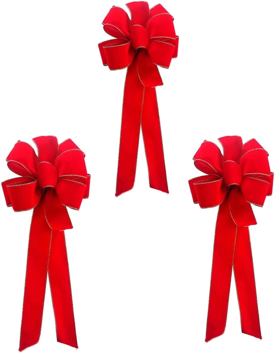 Bows & Ribbons - Rocky Mountain Goods 10” x 26” Christmas Red Bow with Gold Edges (Pack of 3 Bows) - Indoor/Outdoor Bow for Wreaths, Tree Topper, Door, Post