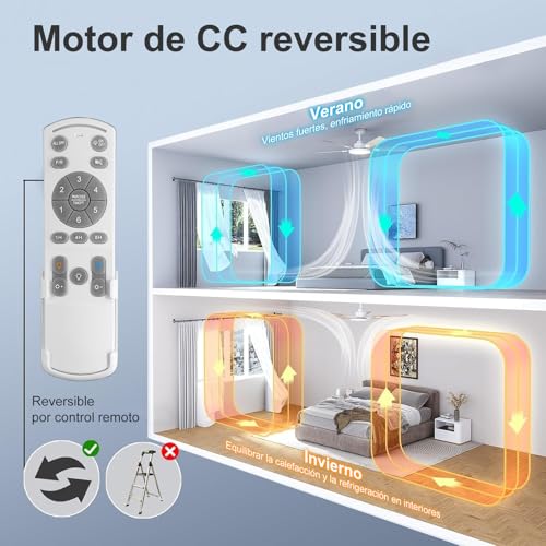 Ventilador de Techo con Luz LED, 52" Abanicos de Techo de 132 cm, Control Remoto, 6 Velocidades, Temporizador 1/4/8H para Recámara, Sala y Estudio, Blanco