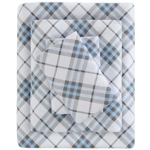 True North by Sleep Philosophy Cozy Flannel Warm 100% Cotton Sheet - Novelty Print Animals Stars Cute Ultra Soft Cold Weather Bedding Set, Queen, Blue Plaid 4 Piece