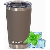 BuzzCup 20 oz Stainless Steel Tumbler with Magnetic Slide Lid – Double Wall Insulated Coffee Travel Mug, Leak Proof Iced Coffee Cup, Hot & Cold Tumbler (Grey)
