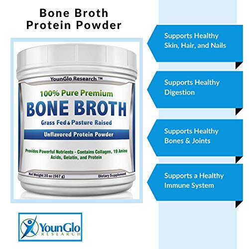 YounGlo Research Bone Broth Protein Powder from Grass Fed Beef 20oz High in Collagen and