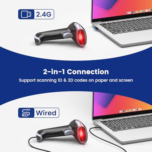 Eyoyo Wireless Barcode Scanner: 2.4G Wireless & USB Wired Connection, Ergonomic Handheld Barcode Scanner Reader for 2D/1D QR Codes, Automatic Fast and Accurate Scanning on Phone, Laptop, Tablet
