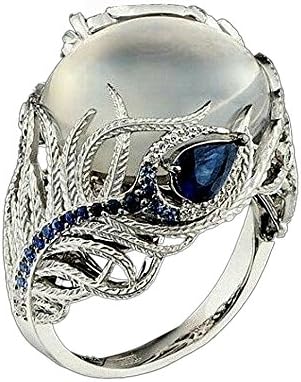 Bokeley JewellyRings Gift, Women Ring, Unique Floral Ring Moonstone Treasure Blue Sapphire Diamond Wedding Band Rings