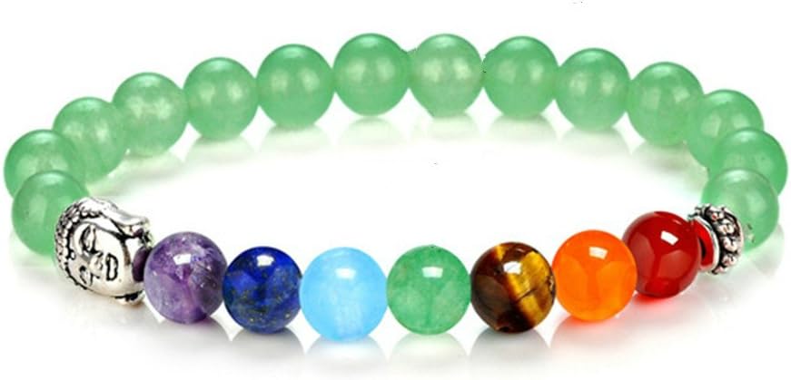 8mm Tibetan Energy Bracelet 7 Chakras Stones, Extendable Beads, Aventurine Stones, Silver Head of Buddha Lama