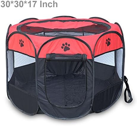 TENSOE 30" Pet Playpen with Door Parkland Portable Foldable Dogs/Cats Playpen Exercise Indoor/outdoor Removable Mesh Shade Cover Red