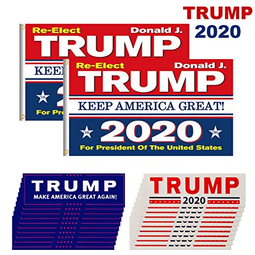 Homtable 2 Pack Trump 2020 Flags, Keep America Great Flag 3 X 5 Feet with Grommets and 20 Pieces Car Bumper Stickers Supporting Re-Elect Donald Trump