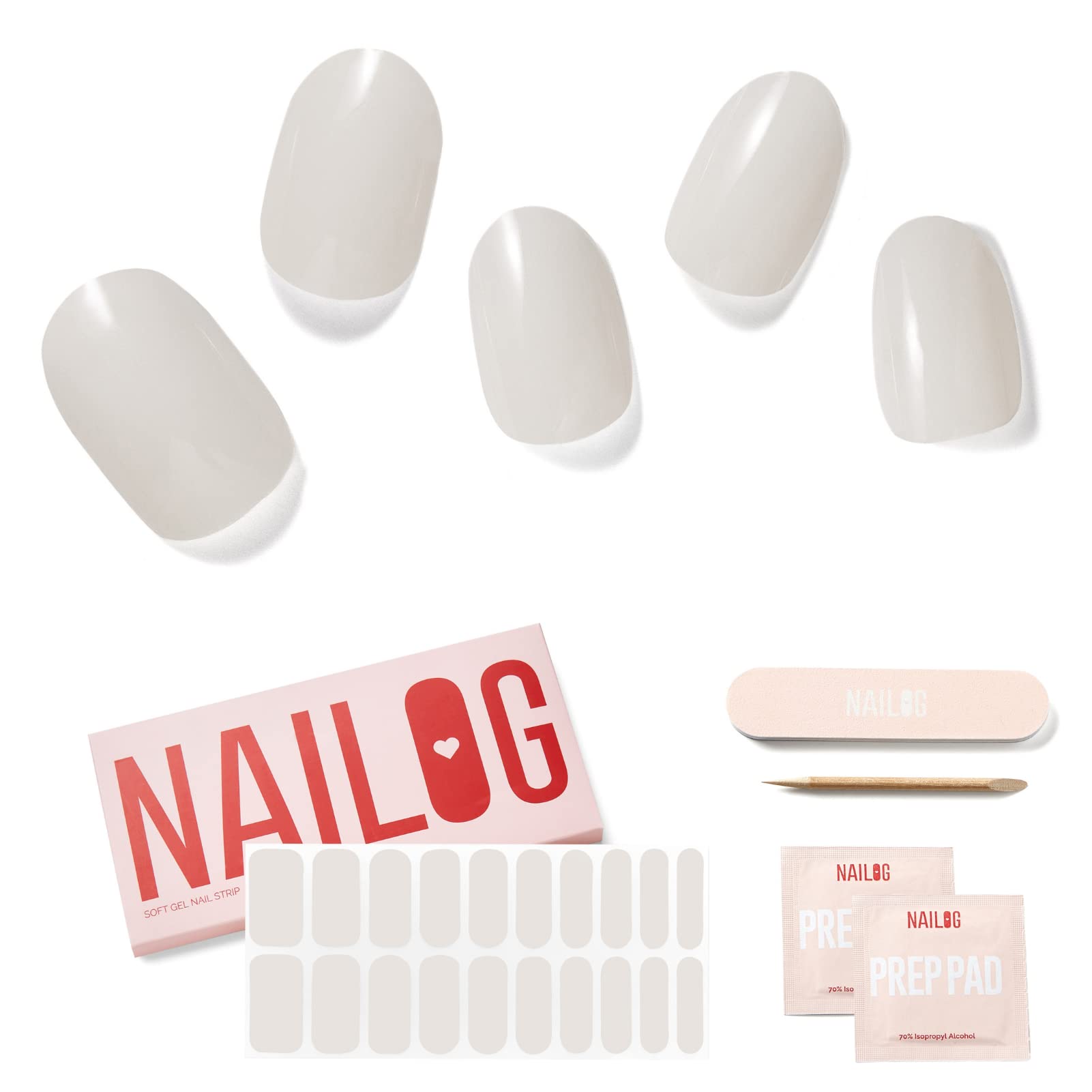 NAILOG Semi Cured Gel Nail Strips, Extra Long Nail Polish Strips (20 Pieces), Long Lasting Semi Cured Nail Stickers with Soft Glossy Gel Finish, Blanc