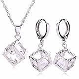 Moochi Platium Plated White Zircon Stone Embedded Brozen Necklace Earrings Jewelry Set (Cube)