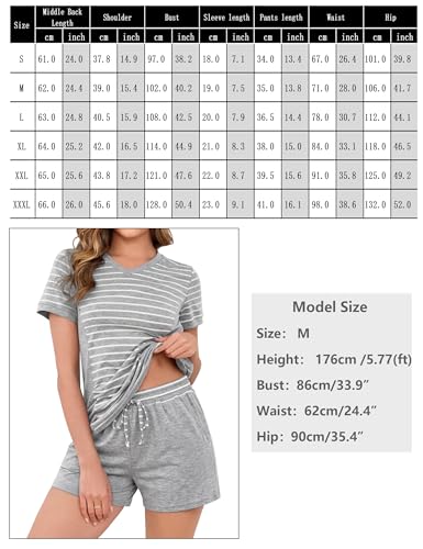 Crewhpo Women's Summer Short Sleeve Pyjamas Set Cotton Sleepwear with V Neck Striped T-Shirt and Shorts