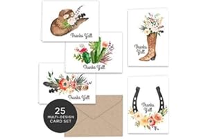Paper Frenzy Western Thanks Y'all Thank You Note Cards and Kraft Envelopes - 25 pack