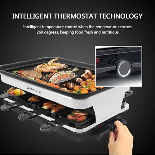 Dxmocos Raclette Grills Indoor Raclette Machine, Grill for 8 with Non-Stick Coating Plate, 8 Mini Pans, 1500W Adjustable Temperature Control for 8 Person