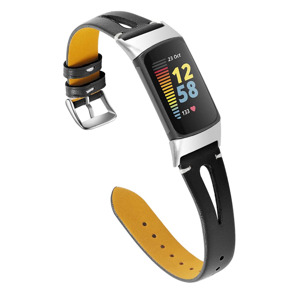 Gimuk Leather Strap Compatible with Fitbit Charge 5, Adjustable Replacement Strap Band Sport Fitness Wristband for Women & Men (Black)