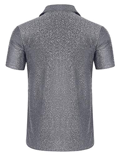 poriff Men\'s Shiny Sequins Polo Shirt 70s Disco Nightclub Party Short Sleeve T Shirts Silver L