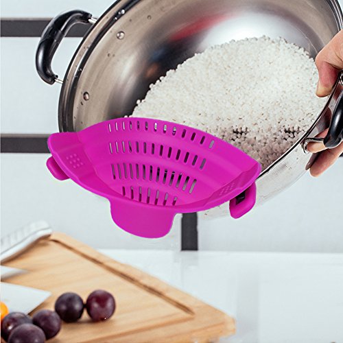Hoofun Clip-on Silicone Colander, Snap Strainer Colander BPA Free for Spaghetti, Noodles, Pasta, Fruit, Ground Beef- Adjustable Food Grade Filter and Sieve Snaps on Bowls, Pots and Pans (Purple)