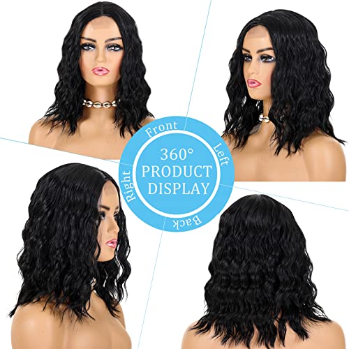 POPTAIYU Short Black Curly Wig Synthetic Shoulder Length Lace Front Wigs for Women Middle Part Wavy Bob Hair for Daily Party Use (Black,14 inch)