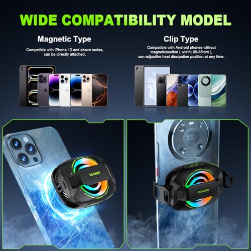 Mobile Phone Cooler for Games, Portable Magnetic Rechargeable Battery, Radiator for Mobile Phones, Fun Cooler for iPhone Series, iPad Pro, TikTok Live (Green)
