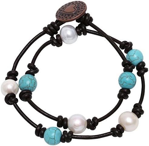 Bohemian Cultured Freshwater Pearl Bracelet Reconstituted Turquoise Beads Strand Handmade Beaded Jewelry for Women Fashion Wrap Bracelet for Girls 16"