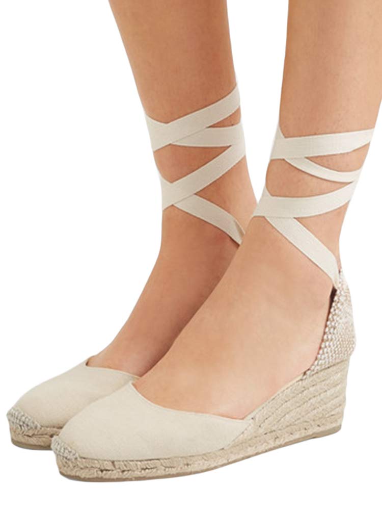 Womens Closed Toe Tie Lace Up Espadrilles Platform Wedges Shoes Canvas Ankle Strap Dress Sandals - Image 3